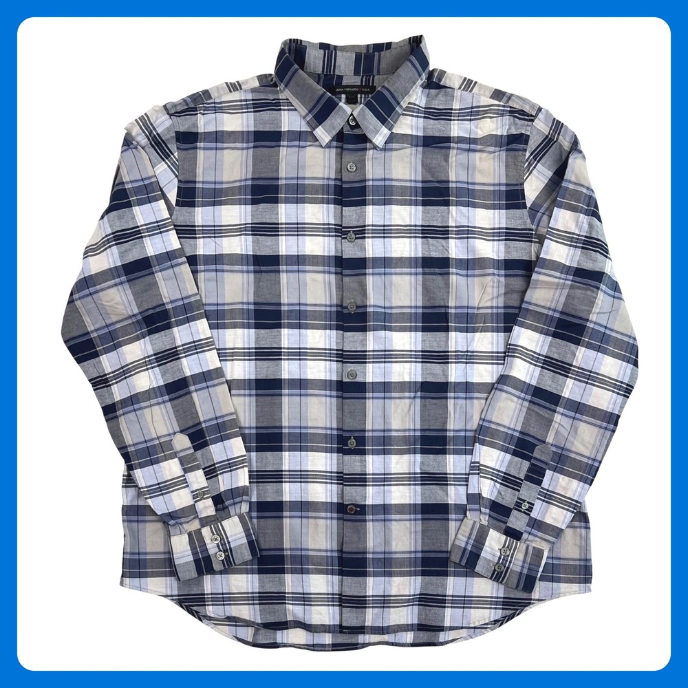 John‎ Varvatos USA Button Down Shirt Men XXL Blue Gray Plaid Long Sleeve
